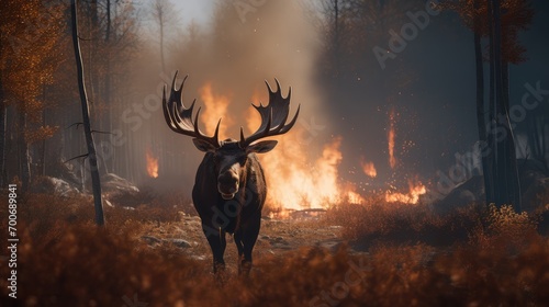 Amidst the chaos  a moose navigates the burning forest.
