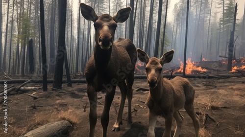 A resilient moose cow and her calf navigate through the blazing inferno, showcasing their strength in the face of adversity. © Stavros