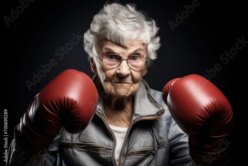 senior woman in boxing gloves in front of grey background © Kien