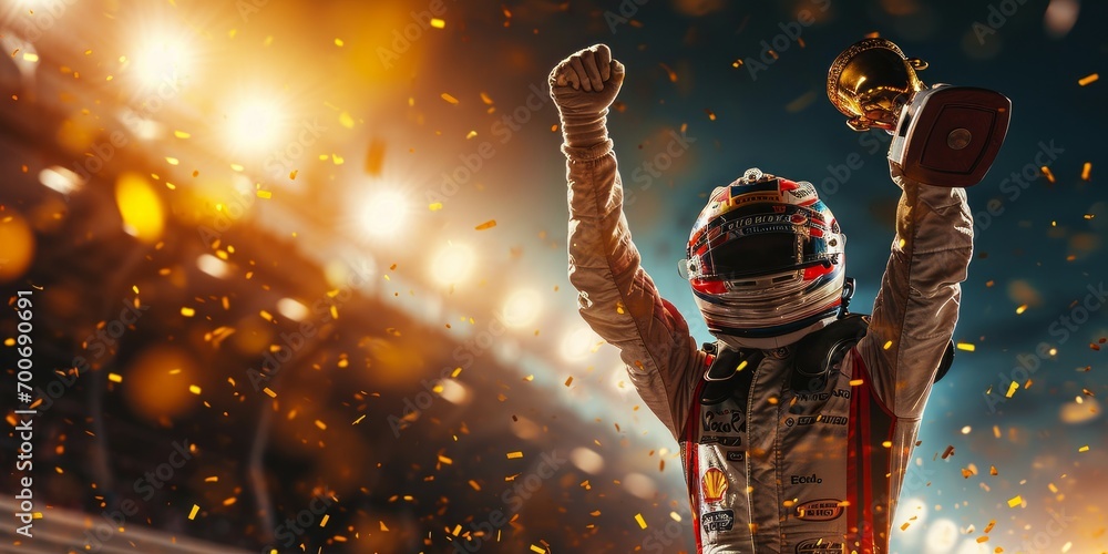 Naklejka premium winner race car driver celebrating the win in a race against bright stadium lights and confetti. winner competition