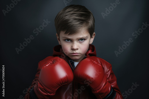 little boy in boxing gloves in front of grey background © Kien