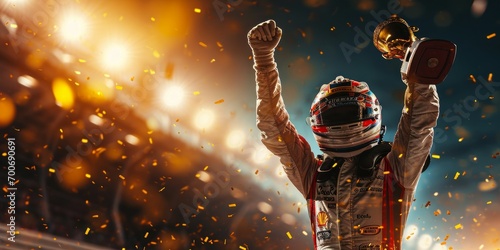 winner race car driver celebrating the win in a race against bright stadium lights and confetti. winner competition