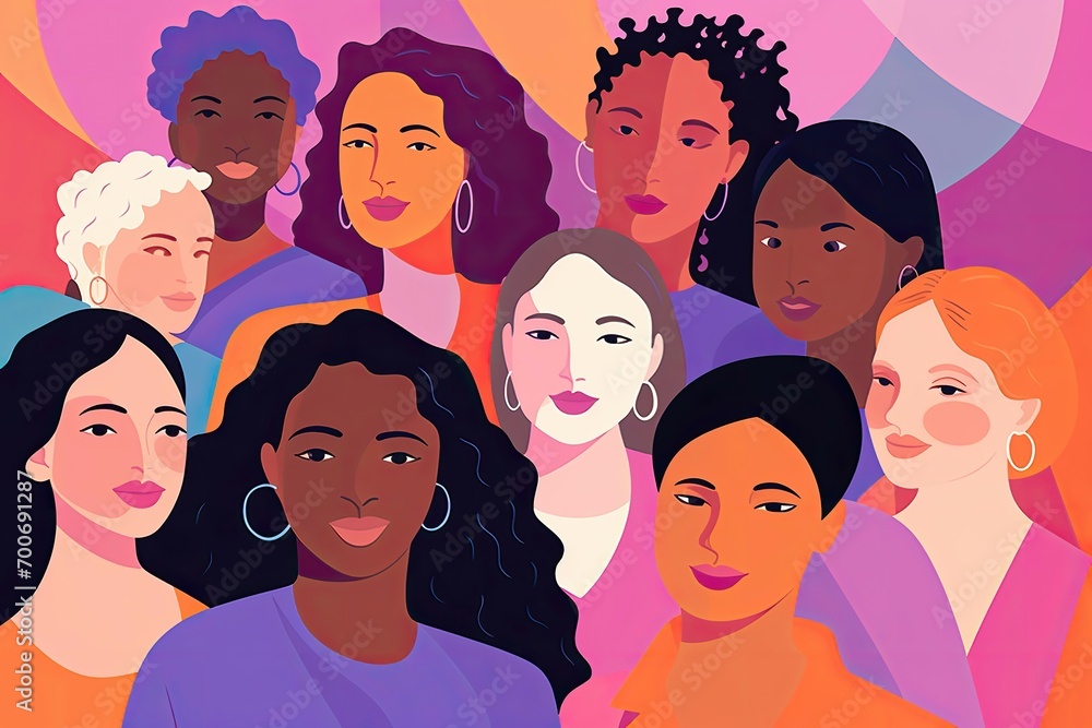 A mosaic of female faces reflects the spectrum of feminism and collective power A mosaic of female faces reflects the spectrum of feminism and collective power