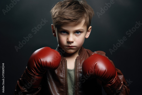 little boy in boxing gloves in front of grey background © Kien