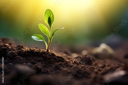 New growth of plant seedling in spring with blurry background with copy space