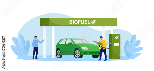 Biofuel petrol refill station with vehicles. Auto fueled with green gas. Alternative energy, Biodiesel. Environment without greenhouse gases and CO2 emissions. Driver refueling auto at biogas station