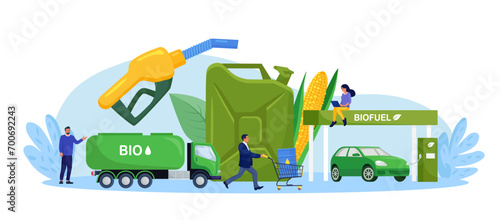 Biofuel petrol refill station with vehicles. Renewable energy source derived from organic materials. Reducing greenhouse gas emissions. Alternative green diesel. Environmental care, sustainability