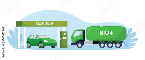 Truck delivering biofuel to petrol refill station. Renewable energy source derived from organic materials. Reducing greenhouse gas emissions