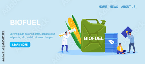 Biodiesel or biogas production green energy from corn plant. Eco friendly fuel for petrol station. People use biofuel. Scientist create fuel of natural materials.Man holding bio gasoline oil canister