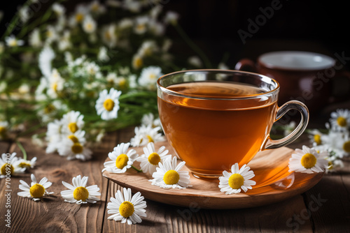 Cup of tea and chamomile flowers on wooden background