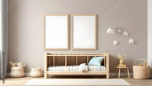 Mock-up-frame-in-children-room-with-natural-wooden-furniture,-3D-render