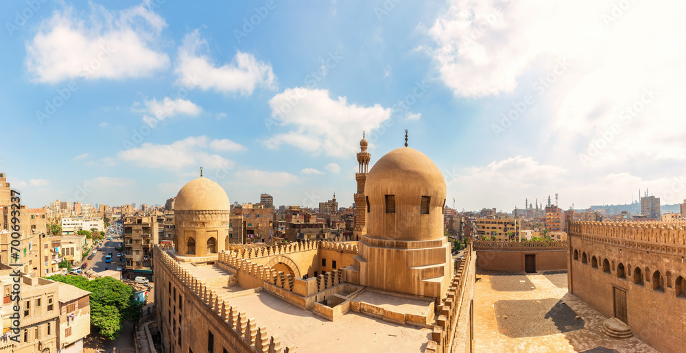 Full view of ancient Mosque of Ibn Tulun, famous landmark of Cairo city, Egypt