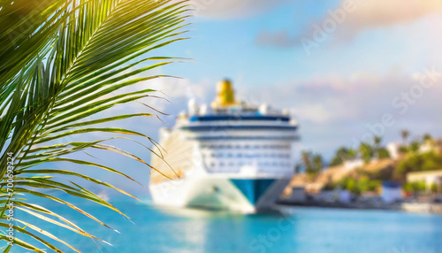 Cruise ship and palm tree on the beach in the tropics. Tropical island vacation concept