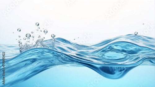 Freshwater splash on white background.  Blue water waves surface with splash, droplets and air bubbles
