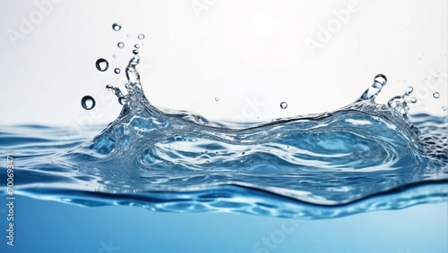 Freshwater splash on white background. Blue water waves surface with splash, droplets and air bubbles