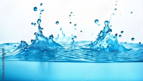 Freshwater splash on white background. Blue water waves surface with splash, droplets and air bubbles