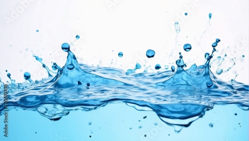 Fresh water splash on white background. Blue water waves surface with splash, droplets and air bubbles
