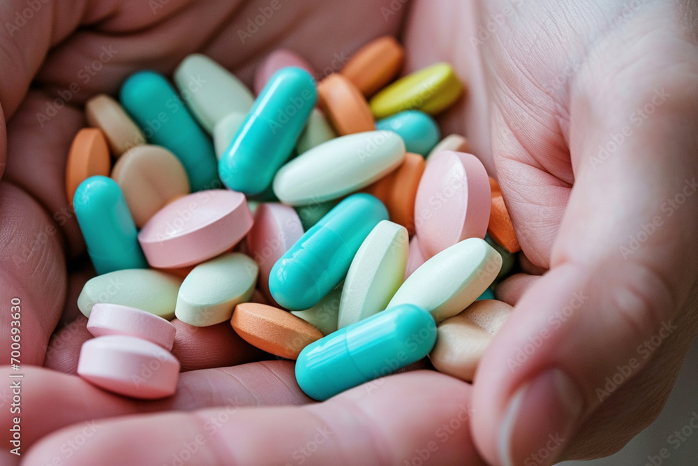 Closeup of colorful pills in female hands. Focus on foreground. Closeup of colorful pills in female hands. Focus on foreground.
