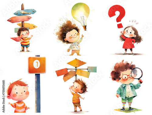 Cartoon kids with different symbol and direction signs. Watercolor illustration of happy children photo