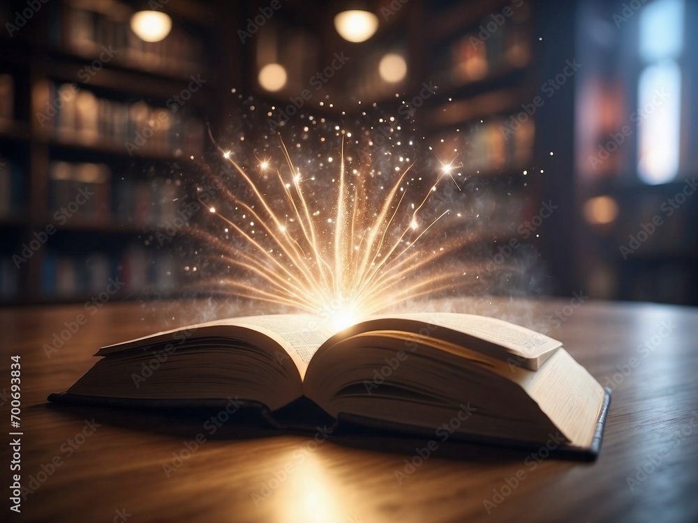 Open book with magical glowing lights and sparkles in classic library background - obrazy, fototapety, plakaty 