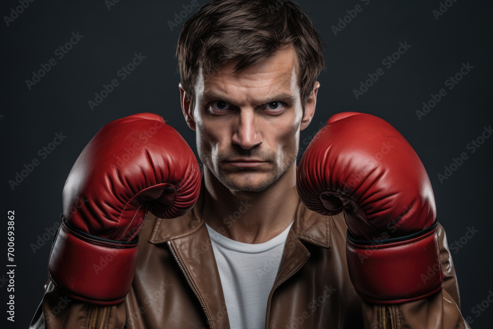 man in boxing gloves in front of grey background