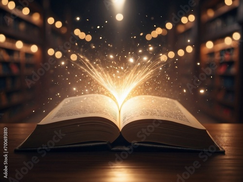 Open book with magical glowing lights and sparkles in classic library background
