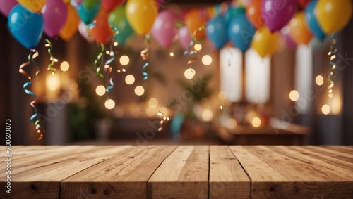 Birthday background with wooden table, lights and colorful balloons in the background