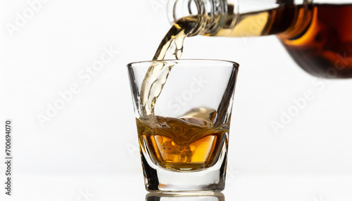Whiskey being poured into a glass from a bottle on a white background