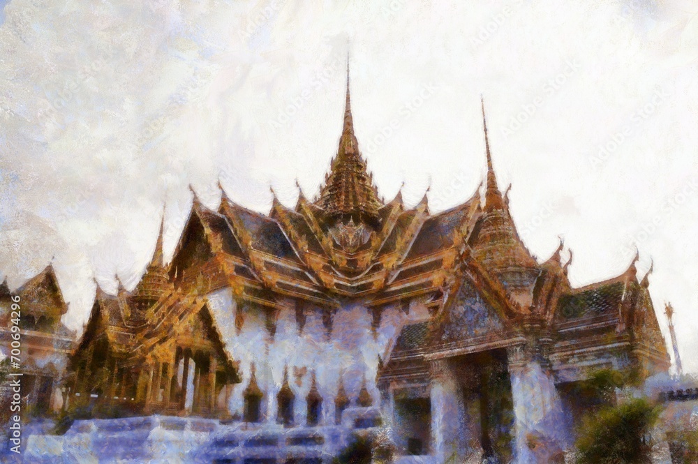 Fototapeta premium Landscape of the Grand Palace Bangkok Thailand Illustrations in chalk crayon colored pencils impressionist style paintings.