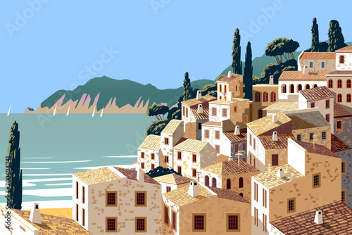Mediterranean seaside riviera  romantic poster. Holiday destination town in Italy, France or Greece with sea beach. Handmade drawing vector illustration.  photo