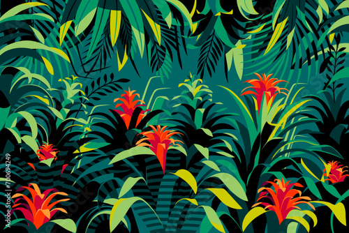 Bright colour flowers in the thickets of the green rainforest. Handmade drawing vector illustration.