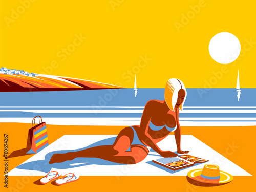 Young tanned woman in bikini sunbathing on the beach reading a book. Handmade drawing vector illustration. Pop Art minimalist style.
