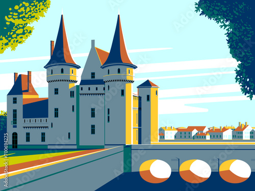 Medieval old gothic castle with a bridge, trees and village in the background. Flat design. Vintage Poster. 