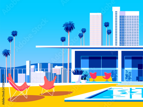 Landscape with swimming pool and mid-century house in the first plan and skyscrapers and palms in the background. Handmade drawing vector illustration. 