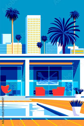 Landscape with swimming pool and mid-century house in the first plan and skyscrapers and palms in the background. Handmade drawing vector illustration. Pop Art style.