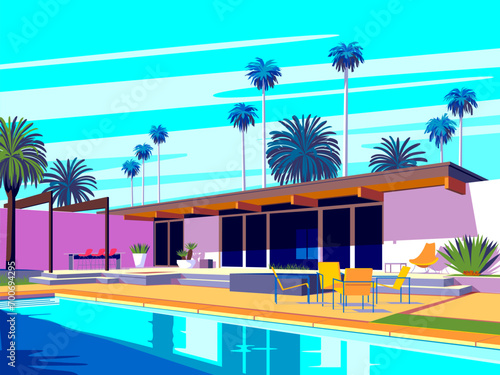Landscape with swimming pool and mid-century house in the first plan and trees and palms in the background. Handmade drawing vector illustration. Pop Art style.