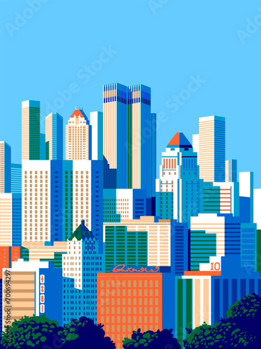 Cityscape with houses and trees in the first plan and skyscrapers in the background. Handmade drawing vector illustration. Pop Art style.