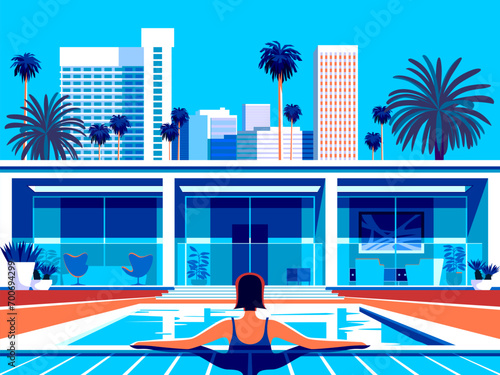 Woman in the pool at the resort on vacation. Cityscape with apartments in the first plan and skyscrapers in the background. Handmade drawing vector illustration.