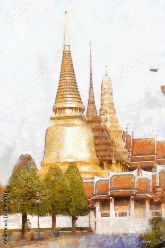 Landscape of the Grand Palace Bangkok Thailand Illustrations in chalk crayon colored pencils impressionist style paintings. © Kittipong