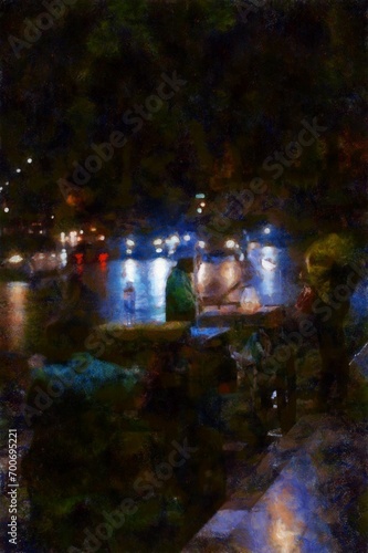 Street vendors at night Illustrations in chalk crayon colored pencils impressionist style paintings.