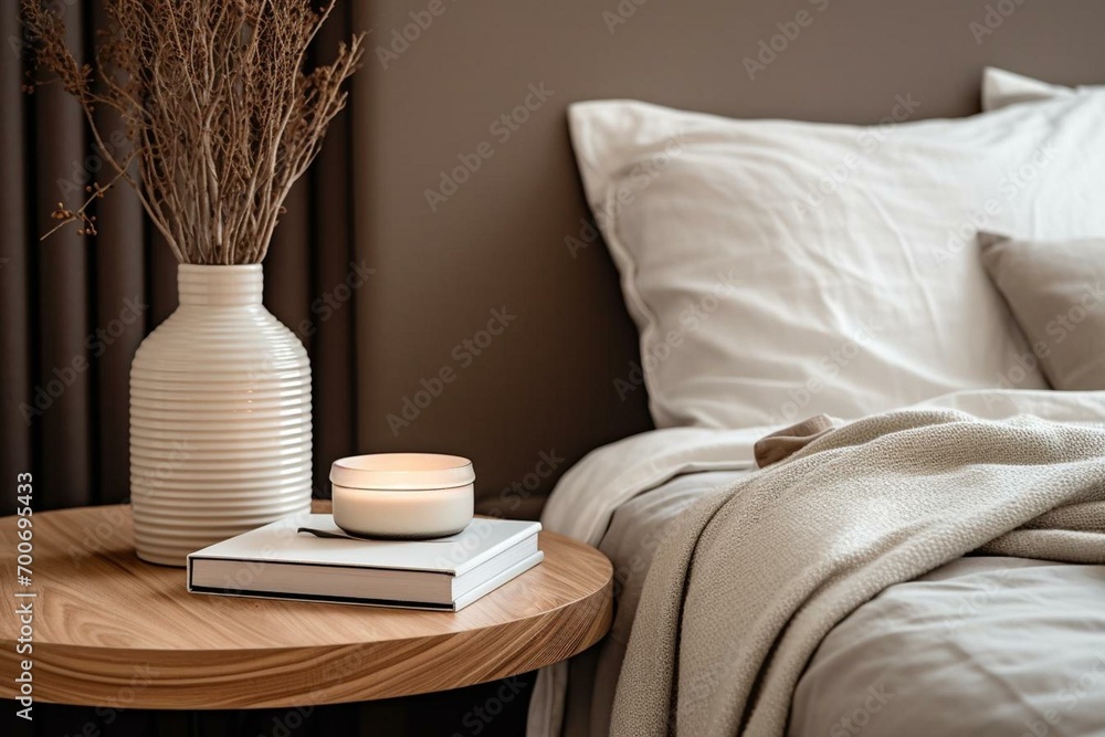 Close-up of modern bedside table in a cozy bedroom with trendy decor. Generative AI