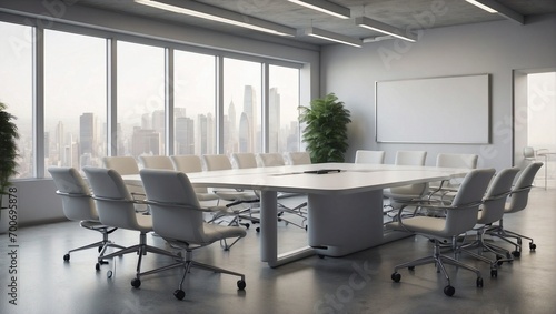 Empty conference room with table, chairs, large windows, and potted plants. Modern minimalist office background