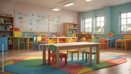 School classroom with supplies. Colorful and fun interior of a kindergarten, blurred background