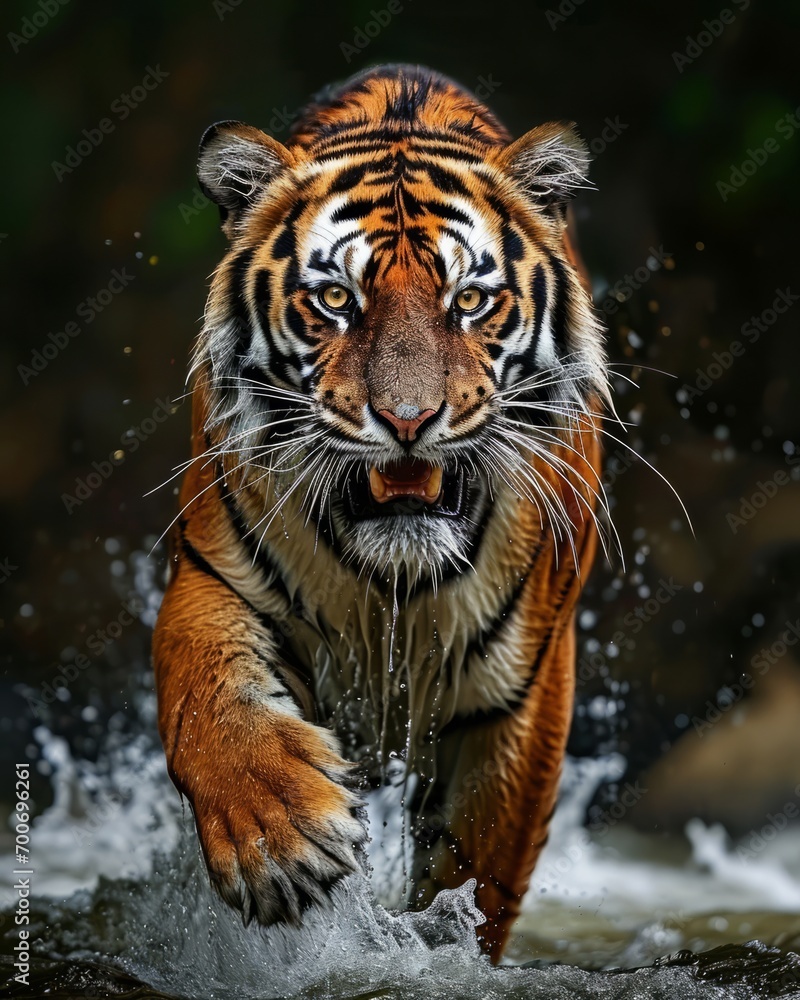 Intense close-up of a fierce tiger wading through water, a perfect capture for wildlife and nature themes.
