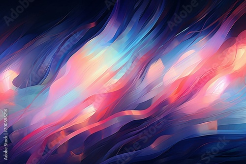 Abstract blend of blue and pink forms amid light trails against a dark backdrop. Generative AI photo