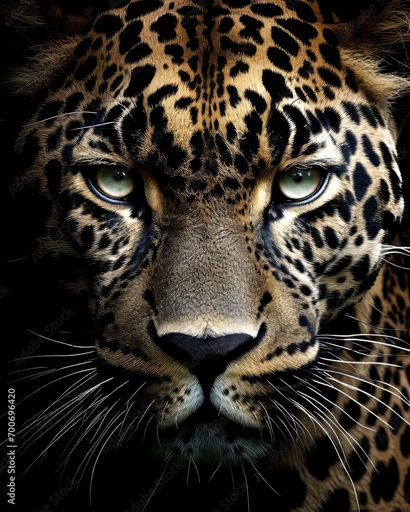 Naklejka premium Intense close-up of a jaguar's face with captivating eyes, perfect for wildlife themes and powerful designs.