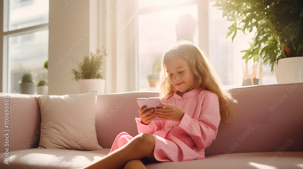 Young girl using smartphone on a pink couch with natural light from window. Young girl using smartphone on a pink couch with natural light from window.