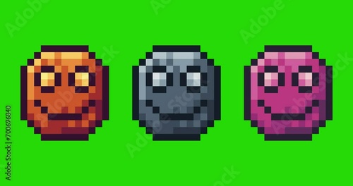 Green screen of face smile,emoji icon bits pixel slowly appeared and dissappeared. Simple animation from  pixel dots form sets of face smile icon . Usefull for game asset or design asset animate.