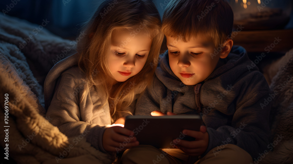 Two children using smartphones in a dimly lit room with fairy lights, conveying technology use at a young age. Two children using smartphones in a dimly lit room with fairy lights, conveying technology use at a young age.