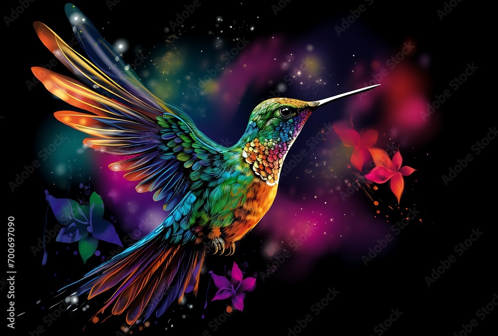Obraz premium Colorful hummingbird with multicolored feathers on black background. Vector illustration.